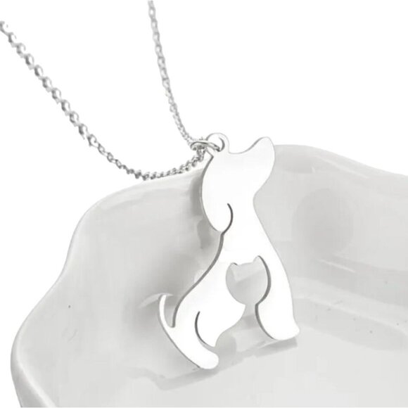 Stainless Steel Cat & Dog Pendant Necklace Silver Tone - Picture 1 of 1